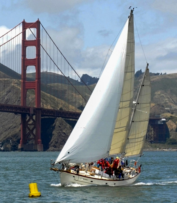The Pegasus sailing near the Golden Gate Bridge in San Francisco Bay.